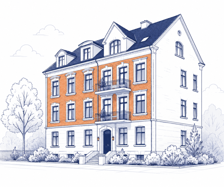 Immobilienverwaltung mit VMT Immobilien Illustration eines norddeutschen Mehrfamilienhauses in VMT-Farben